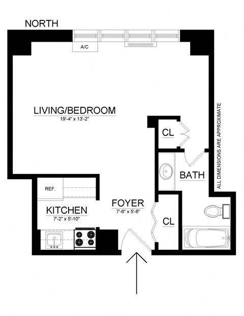 Floor plan for studio, 1 bath, 470 sqft